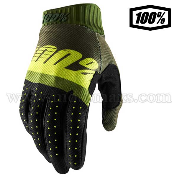 Guantes Cross 100% "Ridefit" Verde Ejército-Amarillo Fluo.