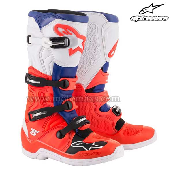 Botas Alpinestars "Tech 5" Rojas Flúor-Azules-Blancas.