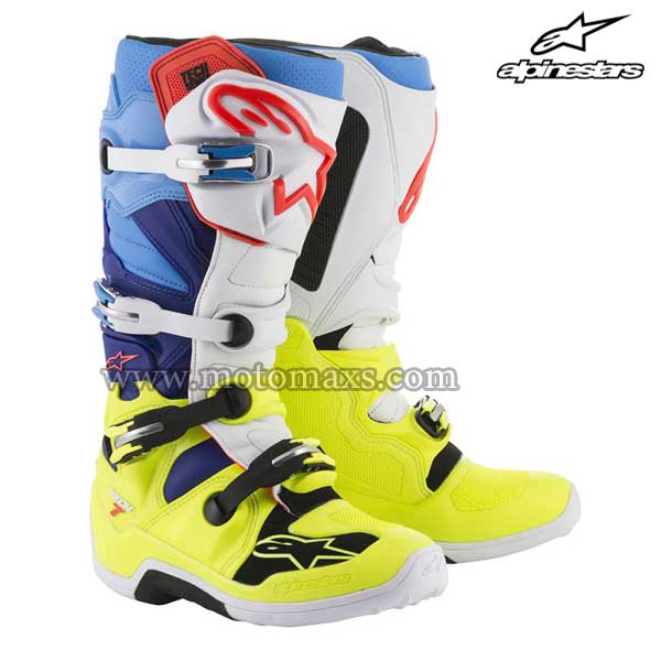 Botas Alpinestars "Tech 7" Amarillas Flúor-Blancas-Azules-Cian.