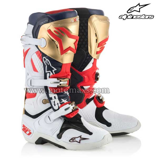 Botas Alpinestars "Tech 10" Liberty LE. Blancas-Rojas-AZ OS-OR.