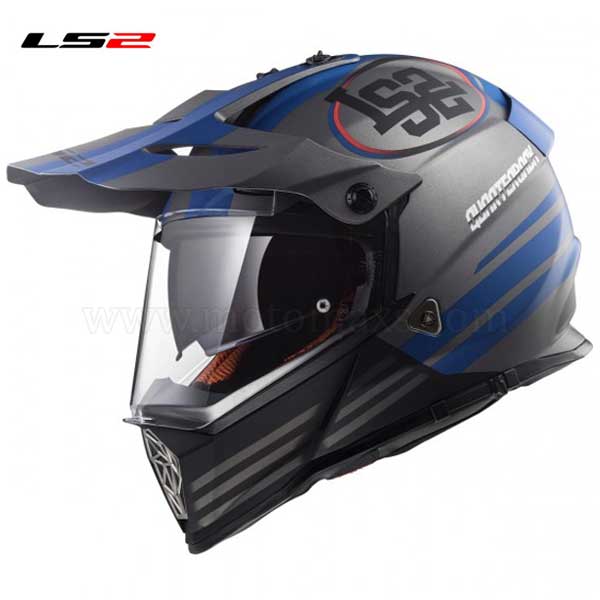 Casco Cross LS2 Pioneer MX436 "Quarterback" Titanio Mate-Azul.
