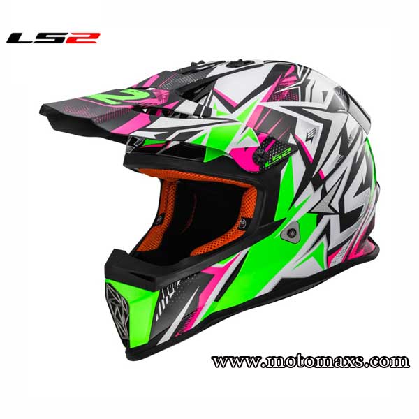 Casco Cross LS2 Fast MX437 "Strong" Blanco-Verde-Rosa.
