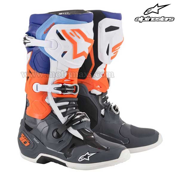 Botas Alpinestars "Tech 10" Grises-Naranjas FL-Azules-Blancas.
