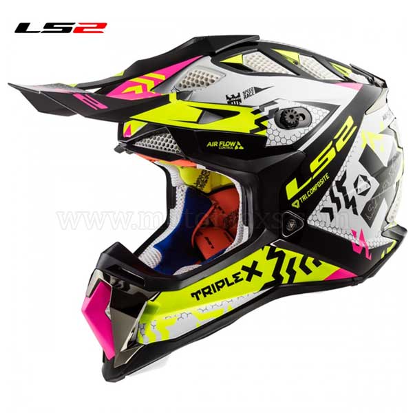 Casco Cross LS2 Subverter MX470 "Triplex" Negro-Amarillo-Rosa.